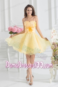 A-line Yellow Strapless Hand Made Flower Organza Dama Dress