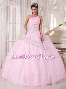 Baby Pink Ball Gown One Shoulder Floor-length Tulle Beading Quinceanera Dress