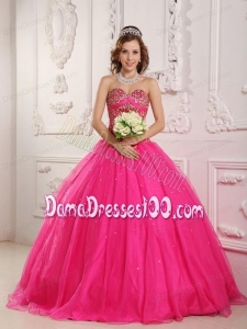 Hot Pink A-Line / Princess Sweetheart Floor-length Satin and Organza Beading Quinceanera Dress