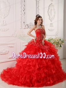 Red Ball Gown Strapless Floor-length Organza Ruffles And Embroidery Quinceanera Dress