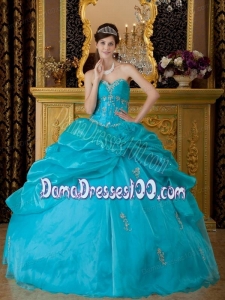 Teal Ball Gown Sweetheart Floor-length Organza Appliques Quinceanera Dress