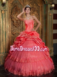 Watermelon Ball Gown Sweetheart Floor-length Taffeta and Tulle Lace Appliques Quinceanera Dress