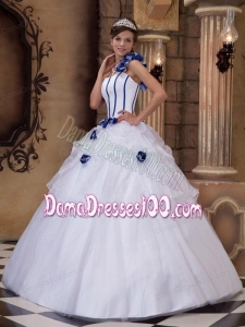 White Ball Gown One Shoulder Floor-length Satin and Tulle Hand Made Flowers Quinceanera Dress