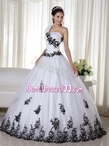 White Ball Gown One Shoulder Floor-length Taffeta and Organza Embroidery Quinceanera
