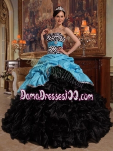 Aqua Blue and Black Ball Gown Sweetheart Floor-length Pick-ups Taffeta and Organza Quinceanera Dress