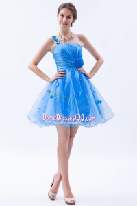 Blue A-line Dama Dress One Shoulder Appliques Mini-length