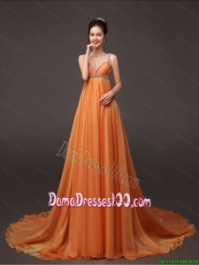 Fashionable Court Train Prom Gown with Beading and Ruching