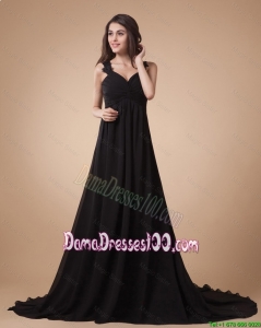 Cute Appliques Black Prom Dress with Court Train