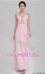 2016 Elegant Empire Off The Shoulder Cap Sleeves Pink Dama Dresses with Beading
