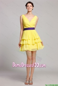 Best Selling Short V Neck Ruffled Layers Dama Gown in Yellow