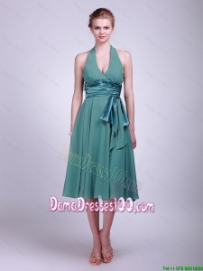 Discount Halter Top Short Turquoise Dama Dresses with Ribbons