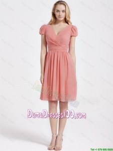 Perfect Short Ruching and Belt Watermelon Red Dama Dresses