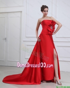 Exquisite Straples Beading and Bowknot Red Dama Dresses with Brush Train