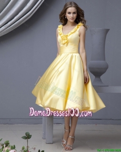 Perfect V Neck Yellow Short Dama Dresses with Ruffles for 2016 Autumn