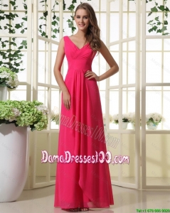 Beautiful V Neck Empire Hot Pink Dama Dresses with Ruching