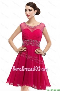 Beautiful Mini Length Scoop Hot Pink Dama Dresses with Cap Sleeves