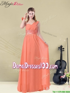 Affordable One Shoulder Floor Length Long Dama Dresses with Ruching and Belt