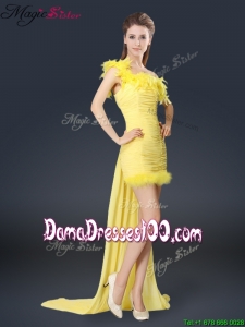 Most Popular One Shoulder Watteau Train Dama Dresses in Yellow