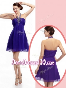 2016 Simple Halter Top Purple Short Prom Dama Dresses with Beading