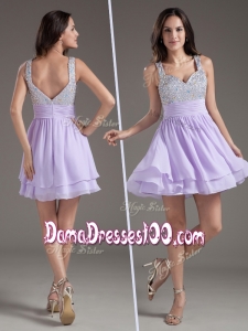 2016 Simple Straps Mini Length Lavender Dama Dresses with Beading