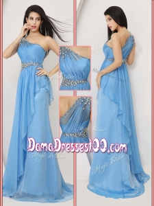 Affordable Brush Train One Shoulder Cute Dama Dresses with Beading and Ruching