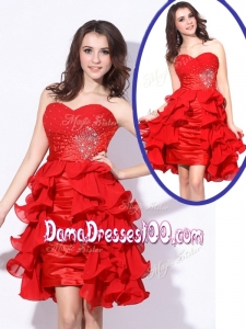 Best Sweetheart Red Short Junior Dama Dresses with Beading and Ruffles