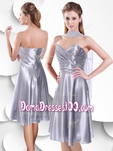 2016 Best Empire Elastic Woven Satin Silver Wholesales Dama Dress with Beading and Ruching