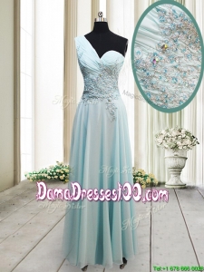2017 Unique One Shoulder Chiffon Light Blue Dama Dress with Appliques and Beading