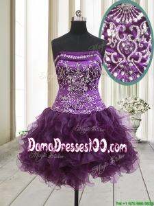 Exclusive Strapless Beaded and Ruffled Dark Purple Dama Dress in Organza