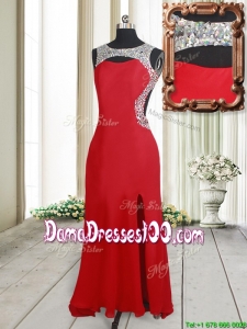 Affordable Beaded Decorated Scoop Elastic Woven Satin Dama Dress with High Slit