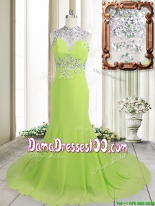 Unique Column High Neck Backless Spring Green Brush Train Dama Dress with Beading
