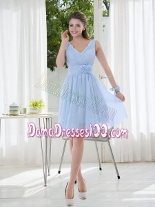 V Neck Chiffon Dama Dress with Ruching and Hand Made Flowers
