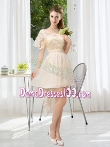 Lace High Low Short Sleeves Dama Dress with One Shoulder