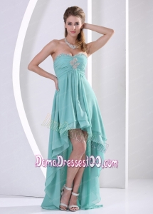 Custom Made High-low Dama Dress With Sweetheart Turquoise Beading and Ruch For Graduation