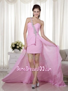 Pink Column / Sheath One Shoulder High-low Chiffon Beading Dama Dress