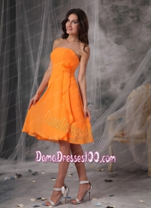 Sweet Orange Strapless Short Dama Dress Chiffon Handle Flowers Knee-length