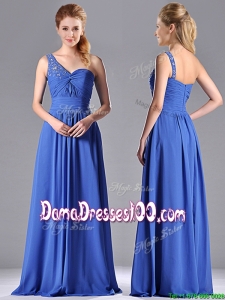Column Chiffon Beading and Ruching Blue Dama Dress with One Shoulder
