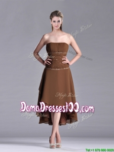 Exclusive Beaded Strapless High Low Brown Dama Dress in Chiffon