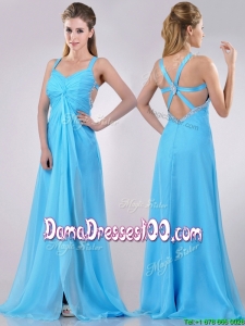 Luxurious Straps Criss Cross Beaded Long DamaDress in Baby Blue