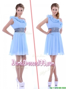 One Shoulder Light Blue Dama Dress with Beaded Decorated Waist and Ruffle