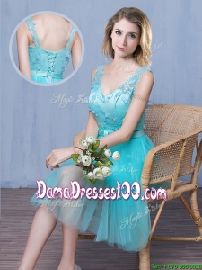 Beautiful Deep V Neckline Applique and Laced Aqua Blue Dama Dress in Tulle