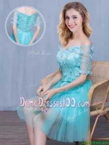 Cheap Tulle Aqua Blue Off the Shoulder Short Dama Dress with Short Sleeves