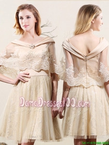 Discount Tulle and Lace V Neck Zipper Up Champagne Dama Dress with Cloak