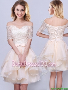Popular Off the Shoulder Laced and Ruffled Organza Dama Dress in Champagne