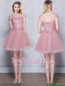 Affordable See Through Applique and Belted Short Sleeves Pink Dama Dress