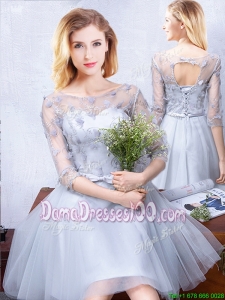 Affordable See Through Scoop Applique and Belted Dama Dress with Half Sleeves