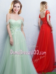 Best Selling Off the Shoulder Tulle Apple Green Dama Dress with Brush Train