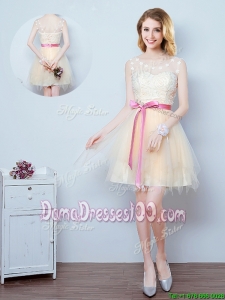 Lovely See Through Scoop Applique and Bowknot Short Dama Dress in Champagne