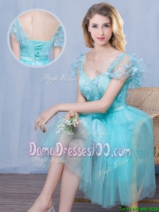 Popular Short Sleeves Sweetheart Laced Dama Dress with Appliques and Bowknot
