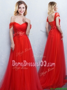Top Seller Brush Train Off the Shoulder Tulle Applique Dama Dress in Red